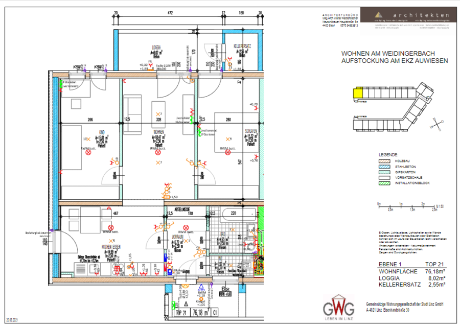 Barrierefrei erreichbare 3-Zimmer-Neubauwohnung mit großer Loggia im 2. Stock mit Lift - Wohnungsplan