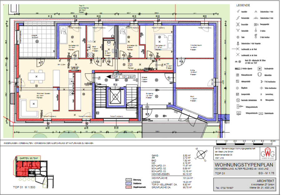 Großzügiger 4 Zimmer Familien*eigentums*traum im Erdgeschoß mit Grünfläche am Stadtrand von Linz in Traumlage *Provisonsfrei* - Baubeginn: Oktober 2024 - Top 1 - Wohnungsplan