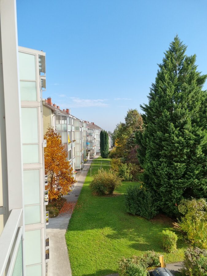 Sanierte Wohnung mit wunderschönen Ausblick ins Grüne, Küche und 2 Zimmer und großer Loggia im 3. Stock mit Lift in ruhiger Lage - Außenansicht